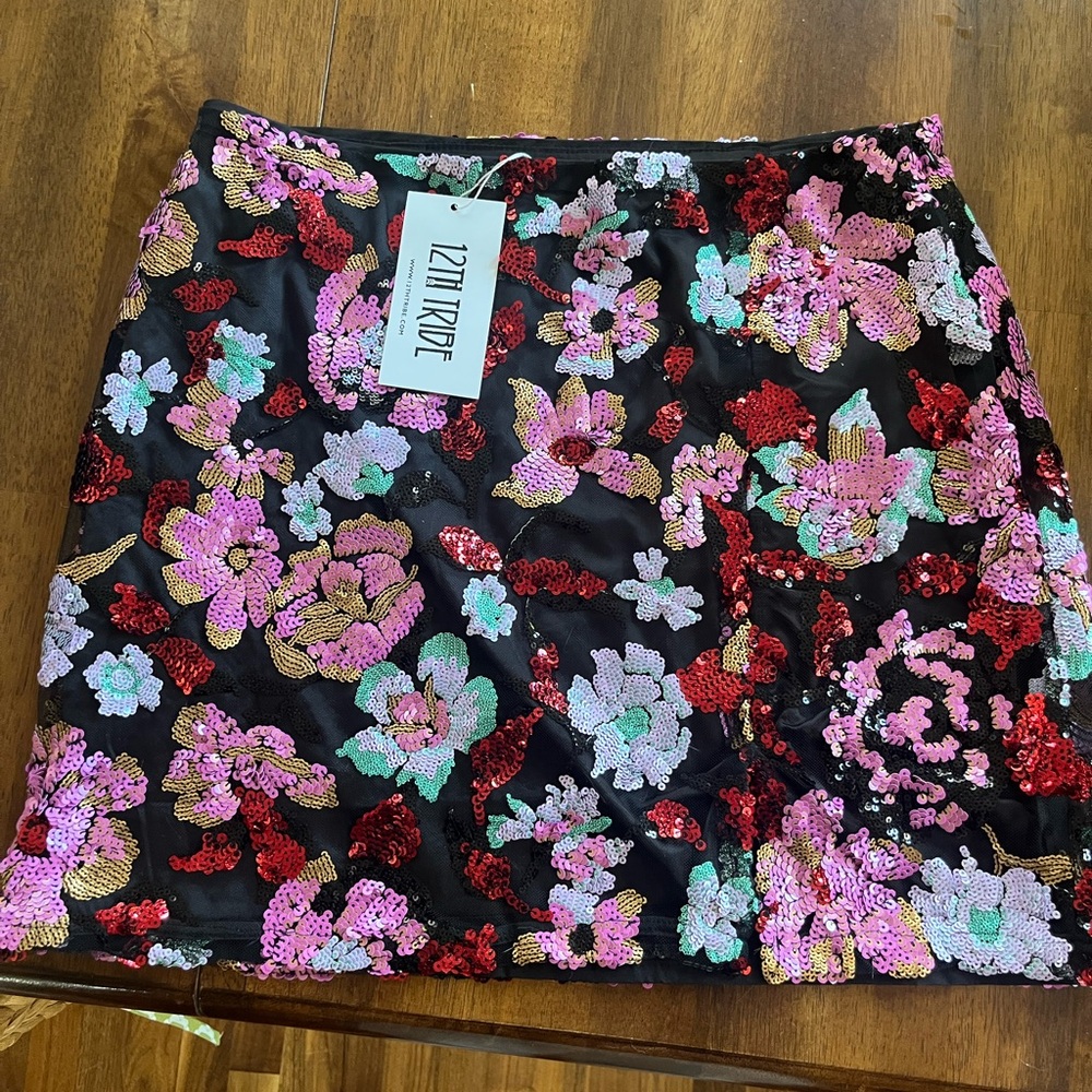 NWT 12th Tribe Black Mini Skirt with Pink and Red Floral Sequins L